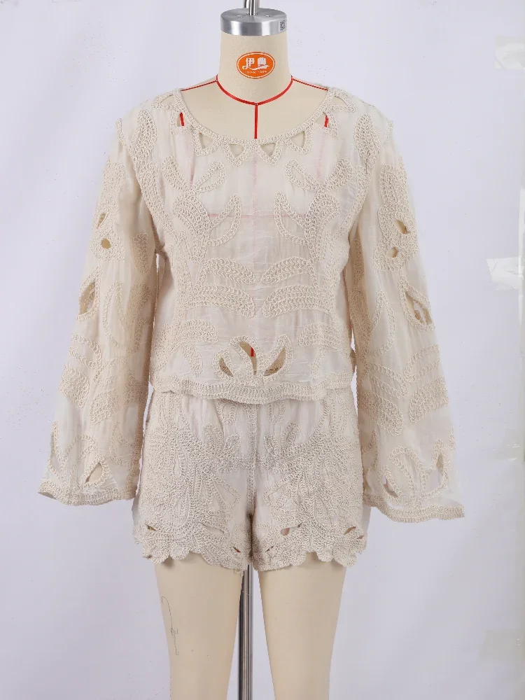 Casual Embroidery Shorts Sets Women Chic Hollow Out Loose Shirts Irregular  High Waist Shorts  Spring Lady Vacation Outfits