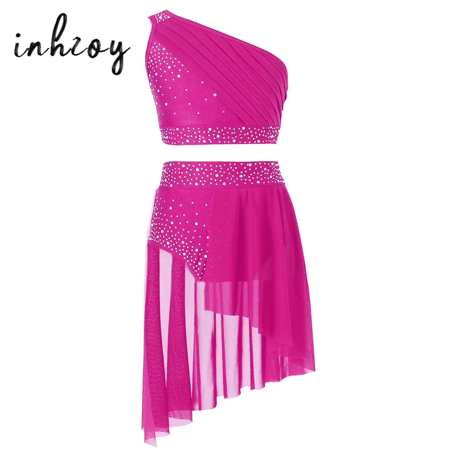 Kids Girls Modern Lyrical Dance Set Rhinestones Sleeveless Crop Top and Wrap Tutu Skirt Set  for Ballet Figure Skating Dancewear