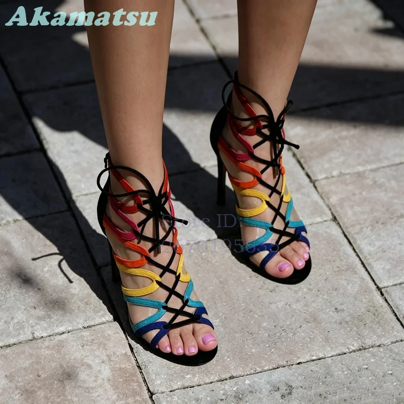 Rainbow Multicolor Strappy Mesh Sandals Peep Toe Cross-tied Stiletto High Heels 2026 Summer Ankle Lace Up Bow Women Shoes