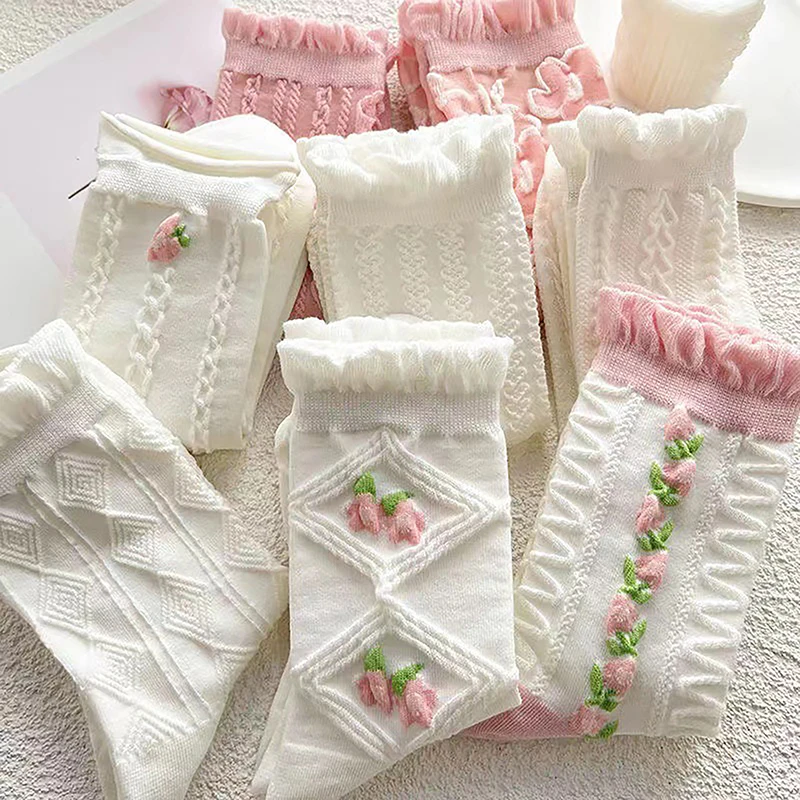 5 Pairs Of Lolita Cute White Socks Set For Girls Spring And Summer Sweet Ruffled Cute Cotton Socks For Women