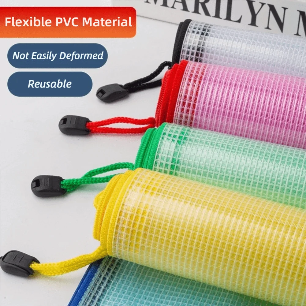 Simple PVC Mesh Zipper Pouch Thick Waterproof File Bag Transparent Pencil Pouch Students