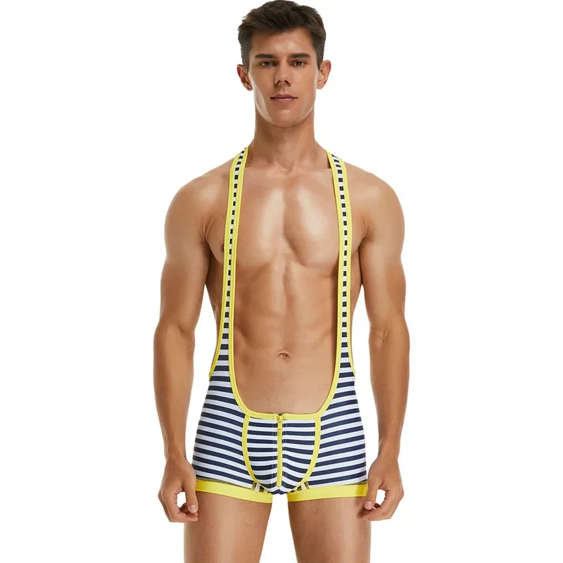 

Men's Undershirts Camisole Stretchy Onesies Crotch Zipper Bodysuit Striped One-Piece Undershirt Underwear Boxer Shorts