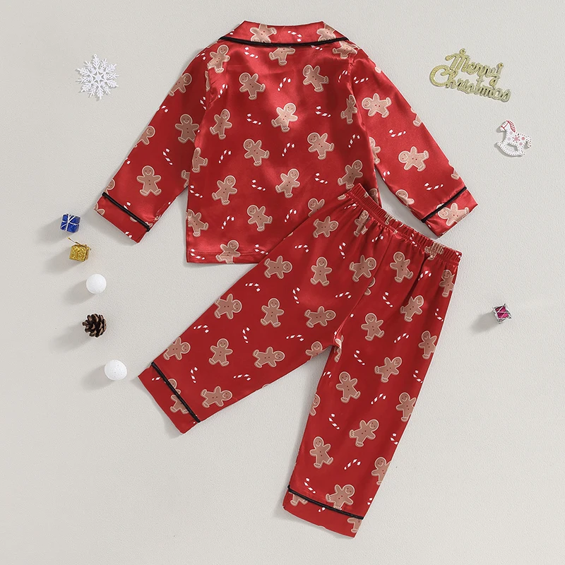 Toddler Baby 2Pcs Pajamas Set Christmas Long Sleeve Gingerbread Man Print Button Up Shirt and Pants Set Sleepwear