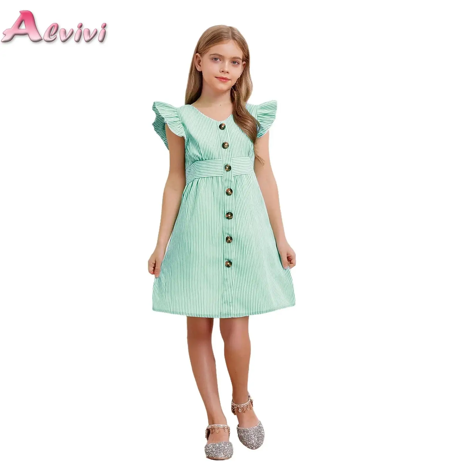 

Kids Girls V-Neck Ruffle Sleeves Decorative Buttons Striped Dress for Birthday Party Wedding Holiday Travel Beach