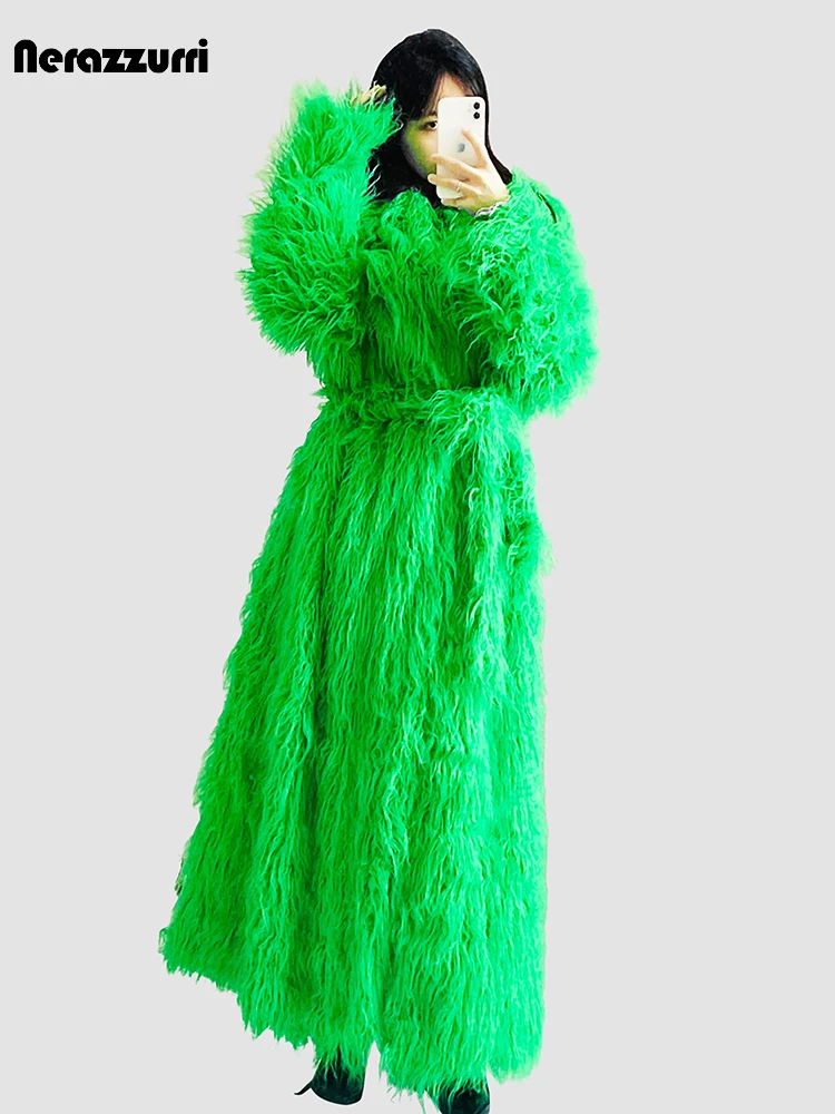 Nerazzurri Winter Long Oversized Bright Green Hairy Shaggy Thick Warm Soft Faux Fur Coat Women Sashes Loose Furry Overcoat 2025