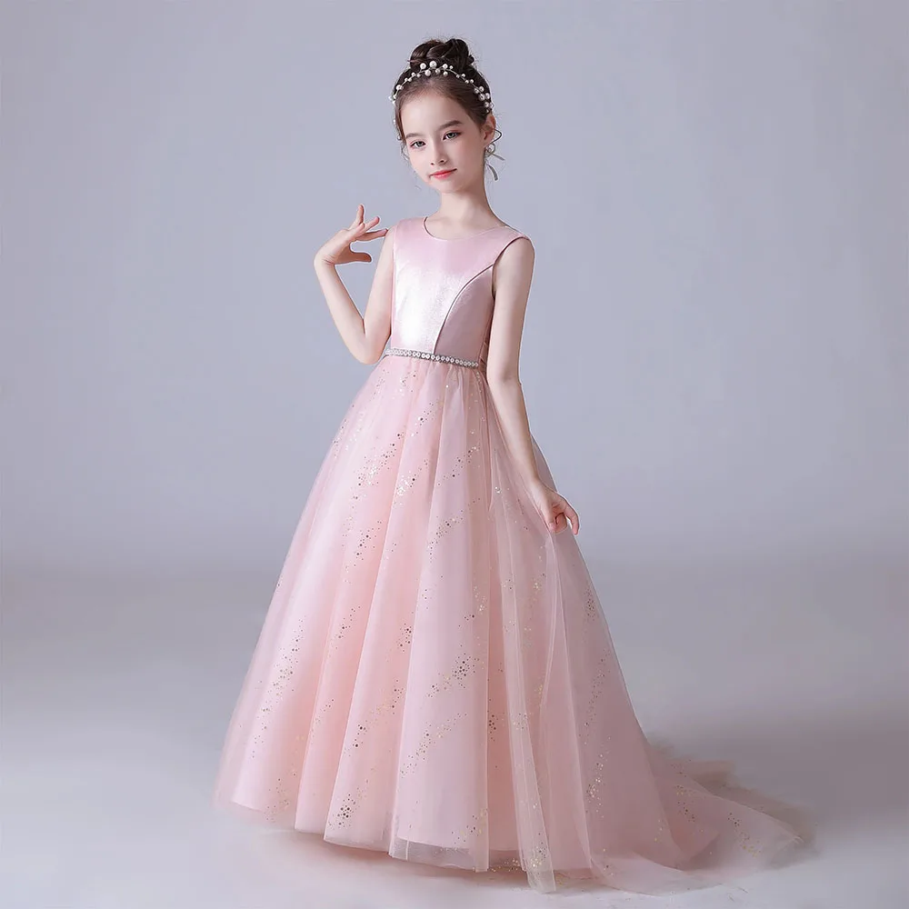 KYDYNQJ Pink Dress For Girl O-Neck Shiny Tulle Bow Flower Girl Dresses Sleeveless Kids Birthday Formal Princess Gowns