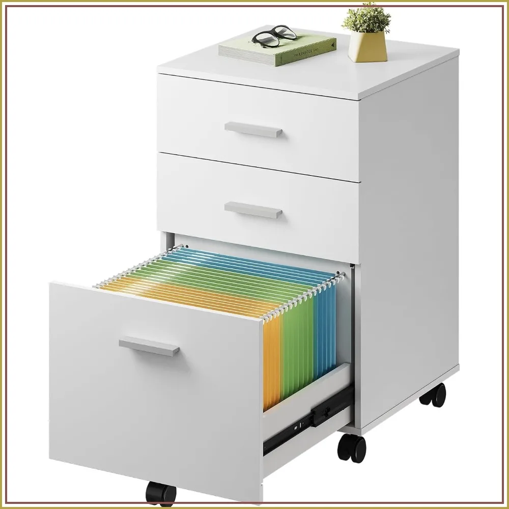 3 Drawer Wood File Cabinet Under Desk, White Rolling Printer Stand for Home Office, Fits A4/Letter