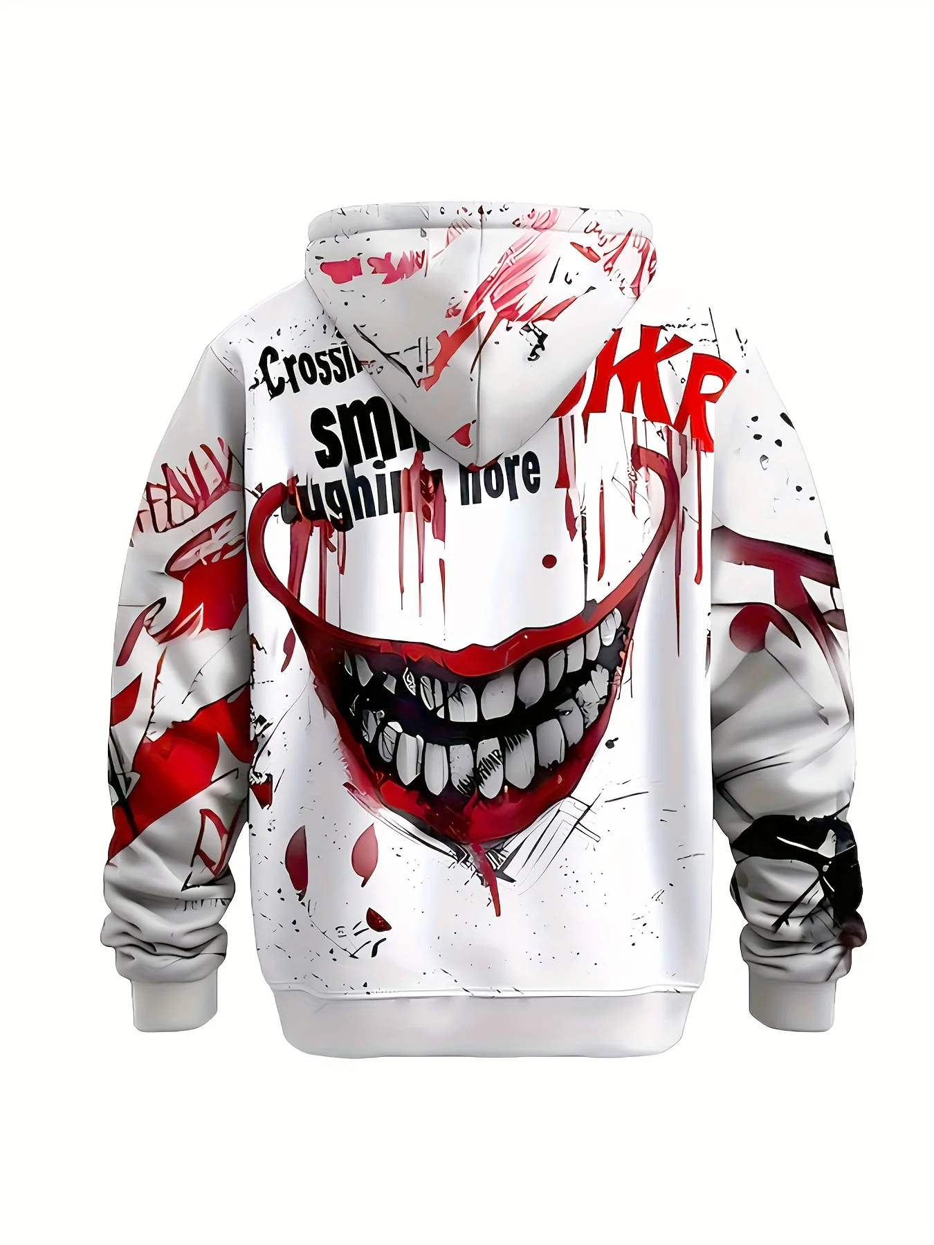Joker Clown Hoodie Men Dark Grunge Splatter Text Smile Laugh More Drawstring Loose Casual Hooded Sweat Top