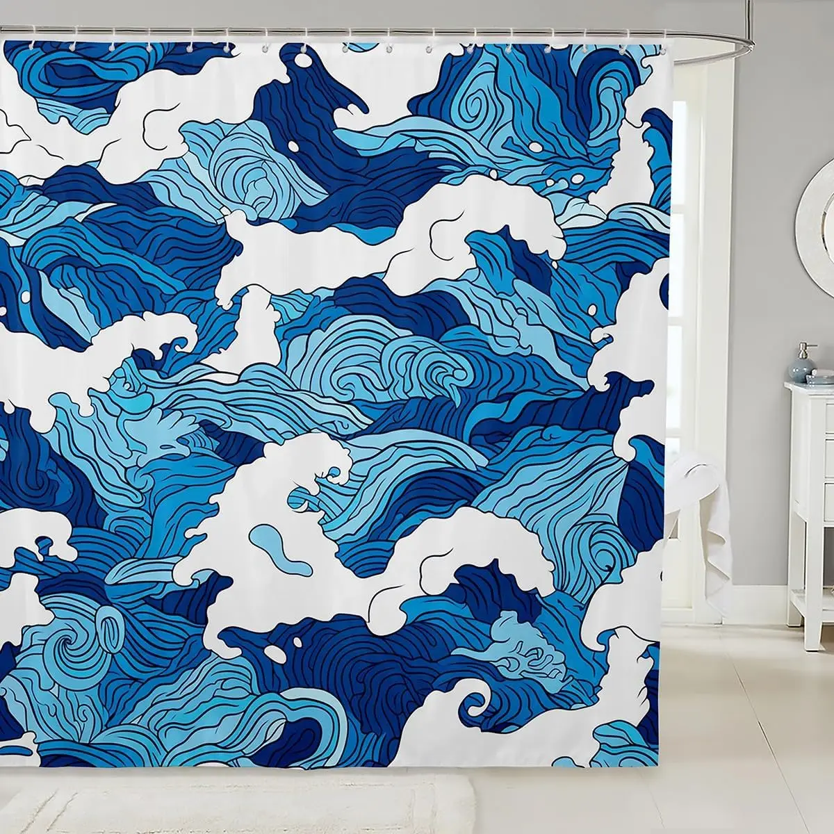 

Ocean Wave Shower Curtain Japanese Hokusai Bathroom Shower Curtain Sets for Young Vintage Abstract Sea Waves Fabric Shower