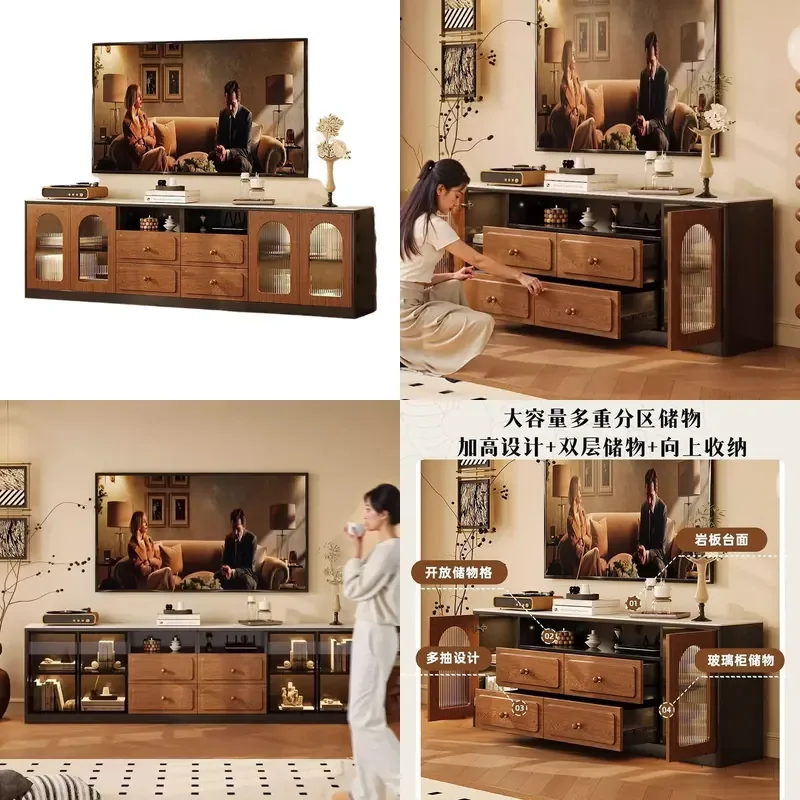 Medieval Style Floor to Ceiling TV Cabinet and Coffee Table Retro Integrated Storage Locker for Living Room Furniture