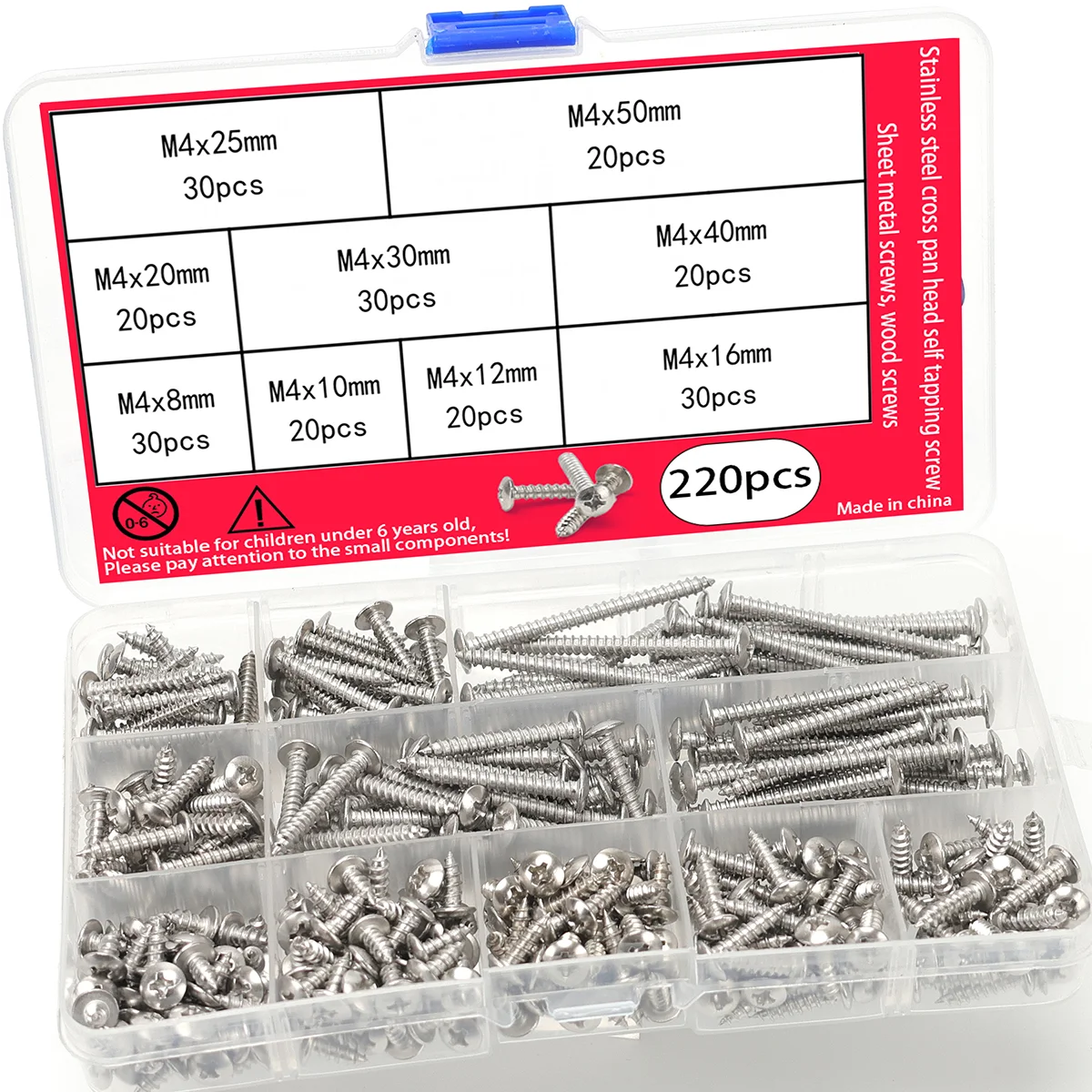 220pcs/M4 Stainless Steel Self-Tapping Screws, Phillips Head Pan Head Screws, for Sheet Metal and Woodwork, Furniture Assembly.