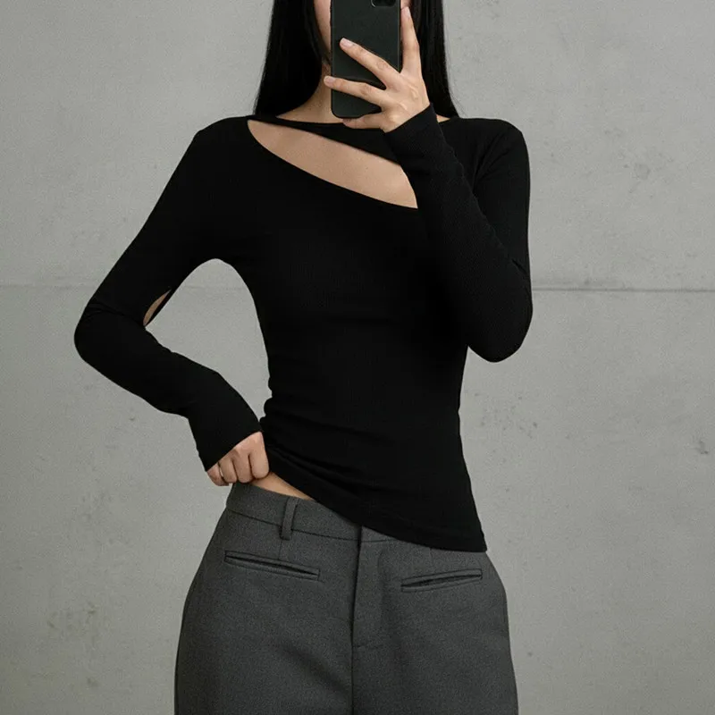2026 New Vintage Dark Cyber Y2K Pure Color Long Sleeve T-shirts Punk Chic Hollow Out Pullover Gothic Trim Tops Women Streetwear