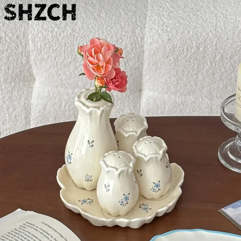 Floral Dining Table Ceramic Tray Salt & Pepper Shakers Decoration Ornament Living Room Small Desktop Vase  Dinnerware