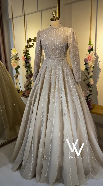 Luxuriöses Champagner-Brautkleid im muslimischen Stil, perlenbesetzt, mit Pailletten, plissiert, traditionelles Hochzeitskleid, maßgeschneiderte Kleider für Frauen.