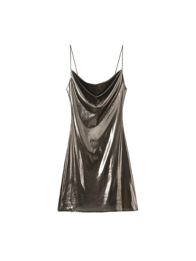 Women's Metallic Colour Glitter Dress Sexy Backless Sleeveless Spaghetti Strap Dresses Party Bar Sleeveless Short Dresses