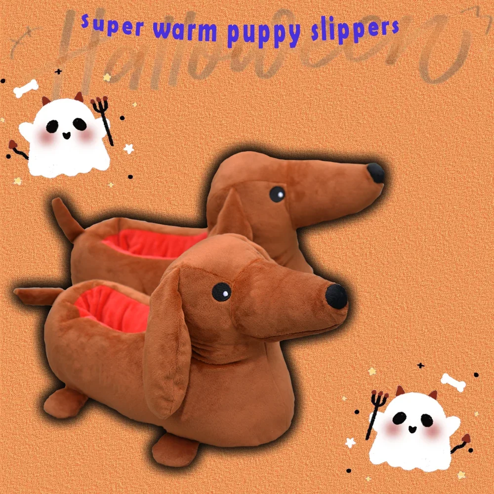 New Cartoon Dachshund Slippers Cartoon Weiner Dog Non-Slip Fuzzy Shoes Funny Animals Halloween House Slippers Birthday Gifts