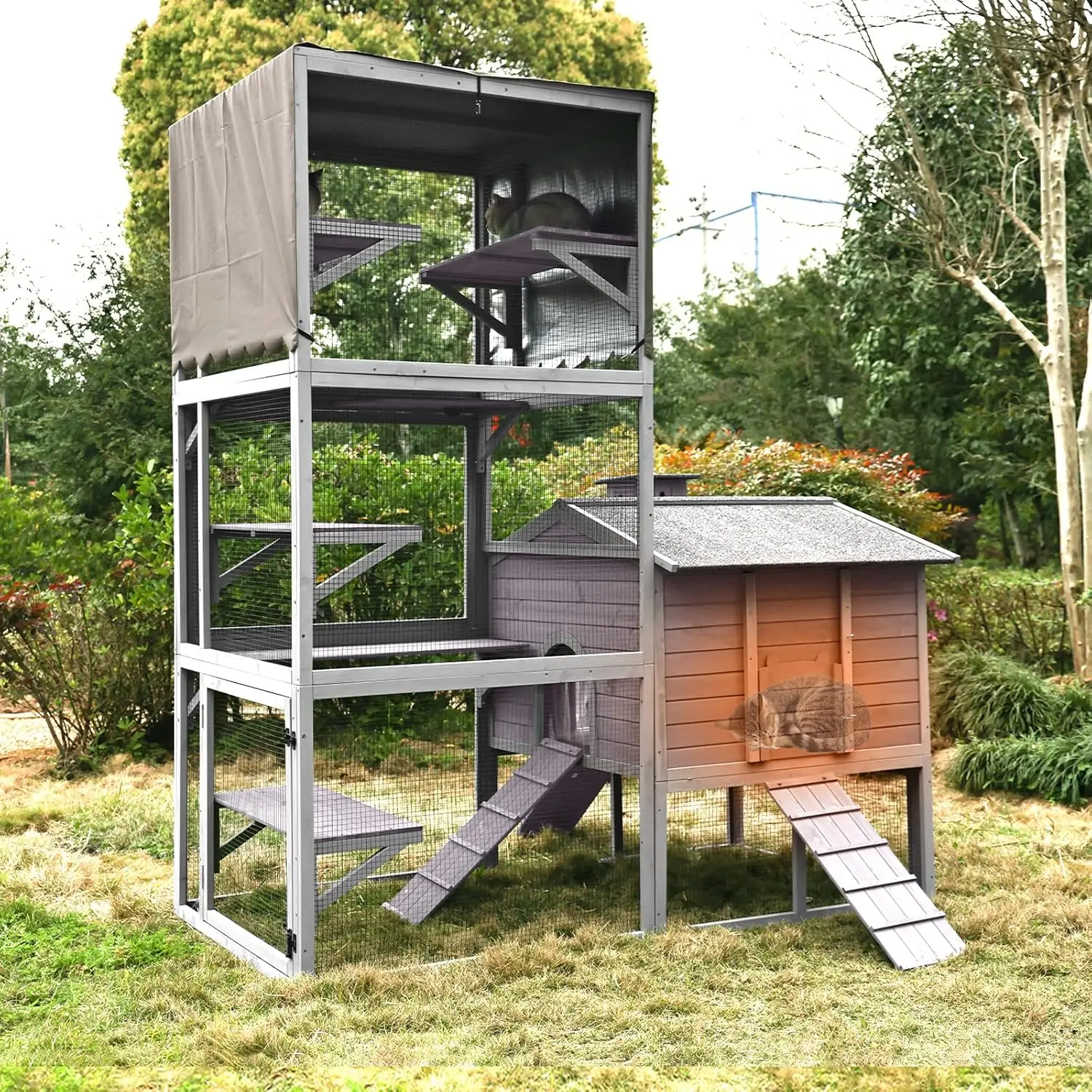 

Catio Cat House Outdoor 91" Large Cat Enclosures for Cats Playpen with Platforms & PVC Cover,2 Combination
