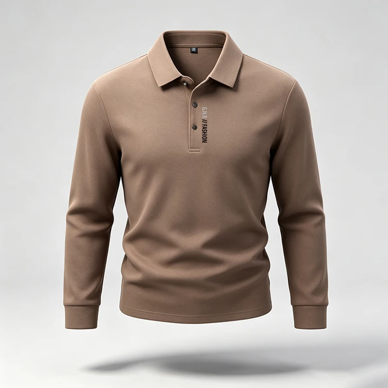 Herren-Polohemd mit Reverskragen, langen Ärmeln, Knopfleiste und Buchstabenmuster, aus weichem Stoff, ideal für den urbanen Alltag, den täglichen Arbeitsweg und lässige Streetwear-Outfits. – Detail 3
