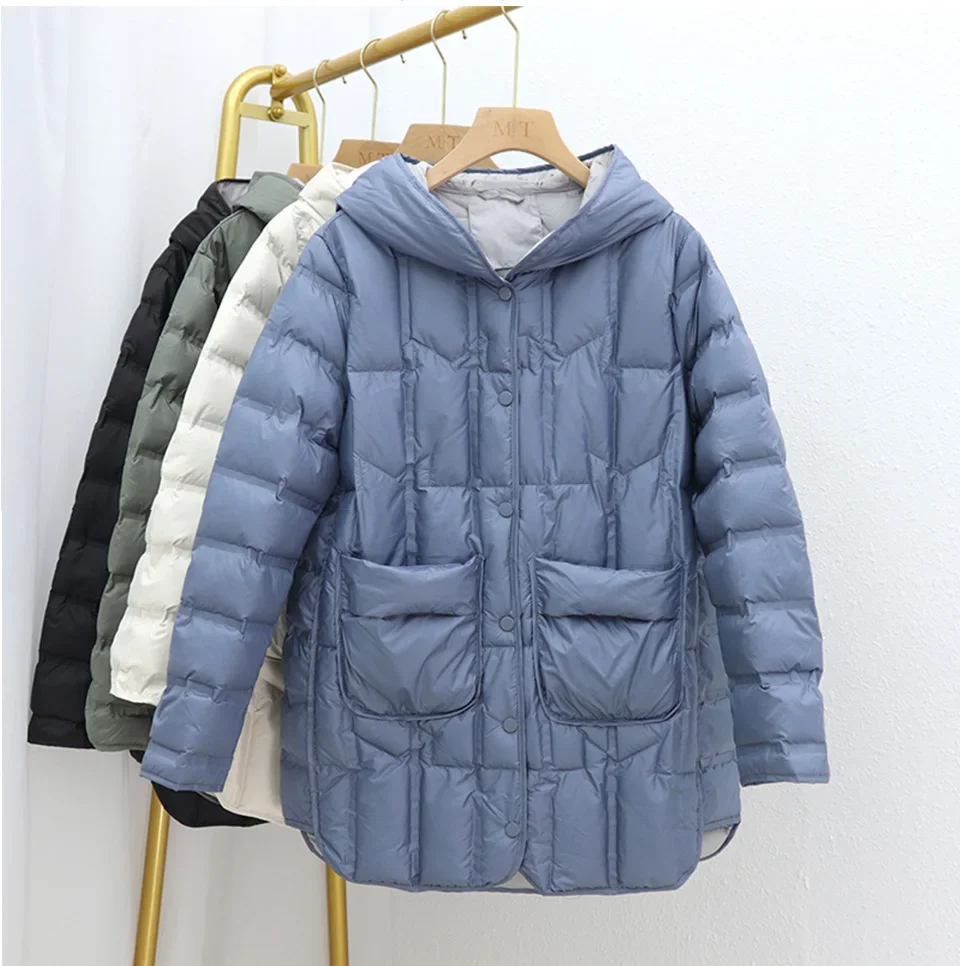 Autumn Winter Women Mid-Long Hooded Puffer Coat Ultra Light White Duck Down Jacket Female Single Breasted Parkas B377