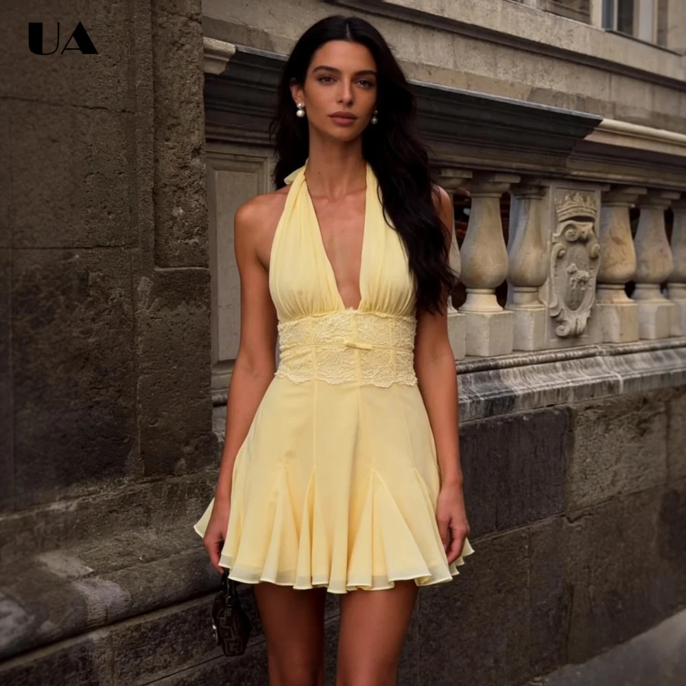 

Trendy Sleeveless Tied Halterneck Bow Mini Prom Dress, Hotsweet Backless Short Dress, Solid Fit-and-flare Cocktail Party Dress