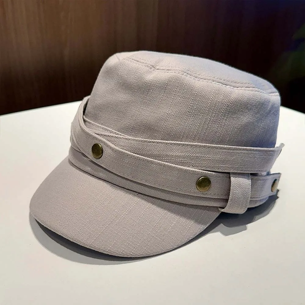 Washed Denim Denim Flat Hat Metal Button Flat Crown Retro Equestrian Cap Breathable Short Brim Vintage Visor Hat Weekend Outing