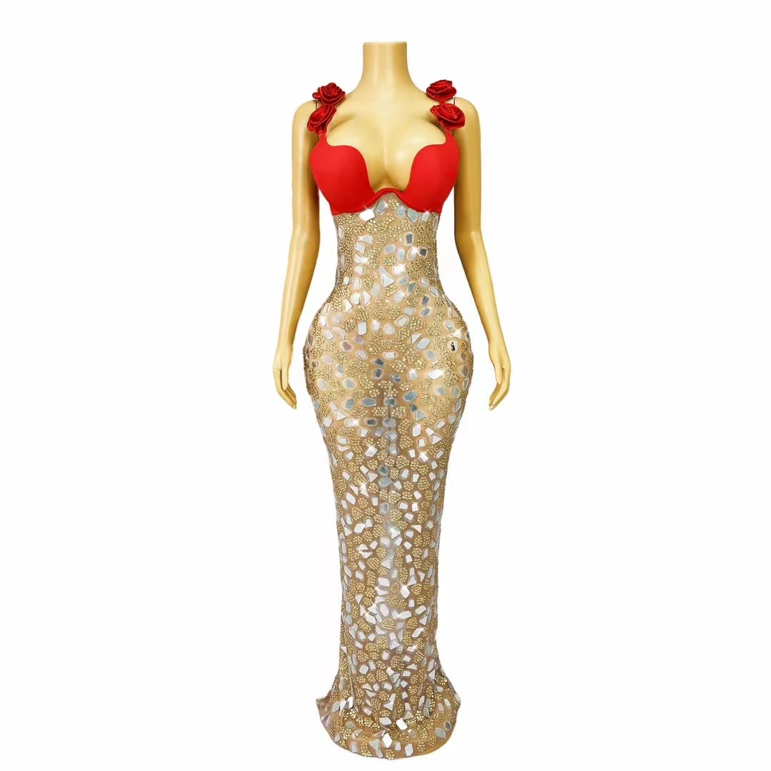 Sexy Woman Bra Type Maxi Dress Rose Strap Skinny Big Boobs Dress Hot Girls Club Long Dress Sparkly Rhinestone Mirrors Ball Dress