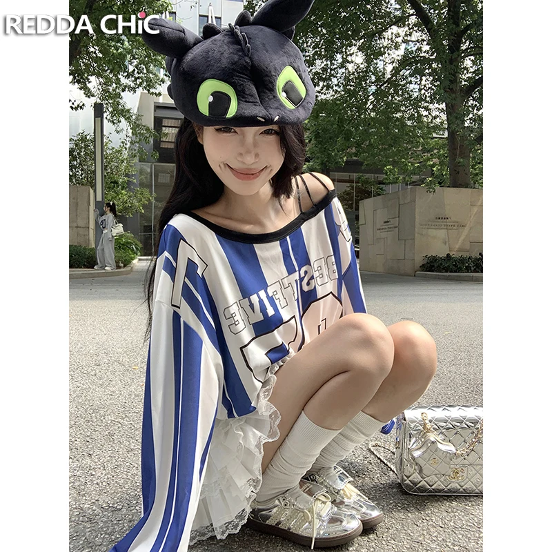 

REDDACHiC Women Striped Oversized Jersey Top Contrast Long Sleeves Strappy Casual Letter Graphic T-shirt Racing Hiphop Clothes