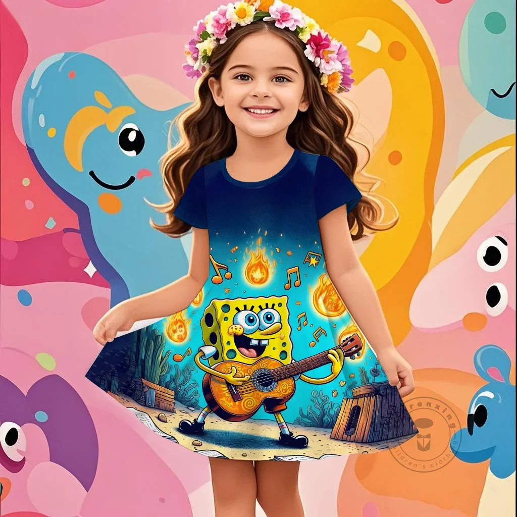 

Girls Birthday Party Dresses Comfortable Short Sleeved Dress Hot Sale Kids Girl Cosplay SpongeBob 3D Princess Dress 2025