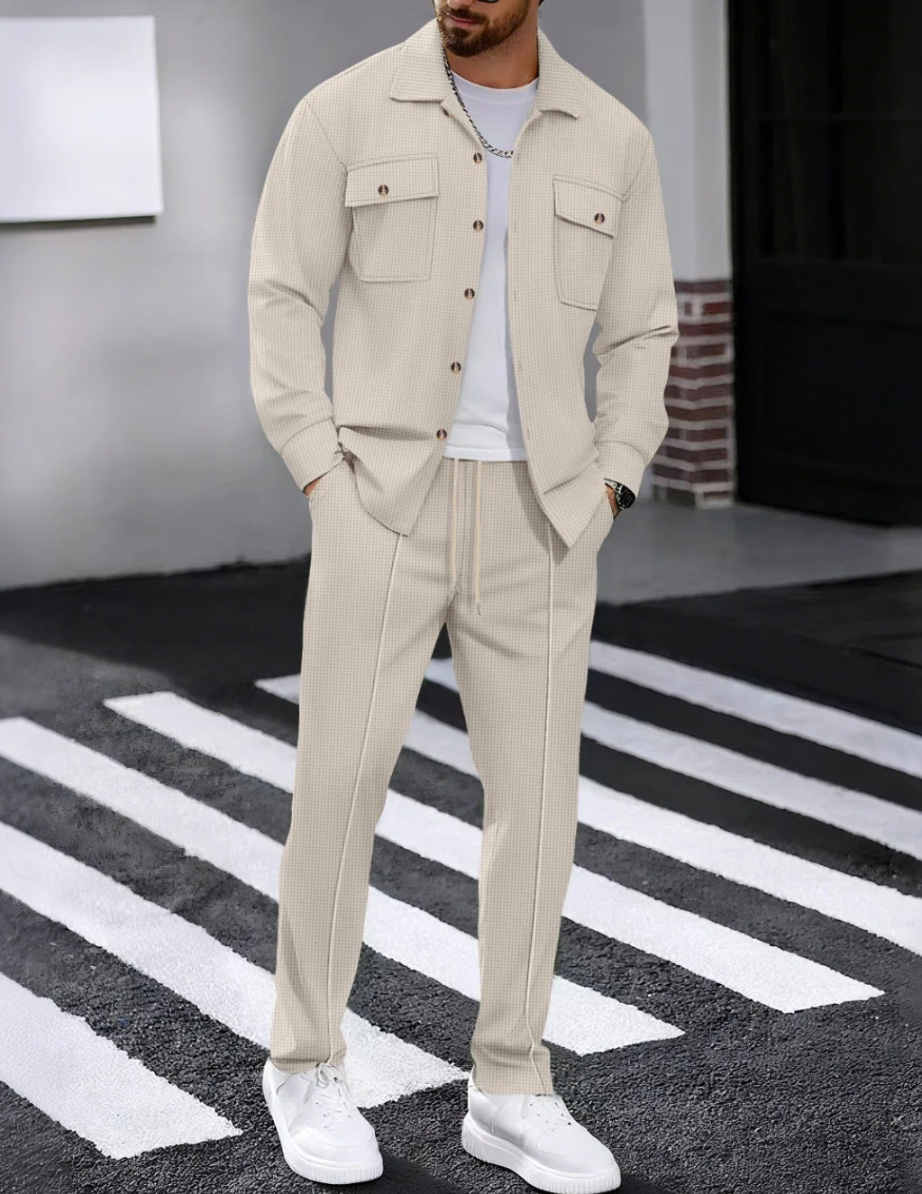 خريف جديد الهراء السراويل طويلة الأكمام قطعتين مجموعة بلون مزدوج جيب زر حتى سترة قميص مجموعة