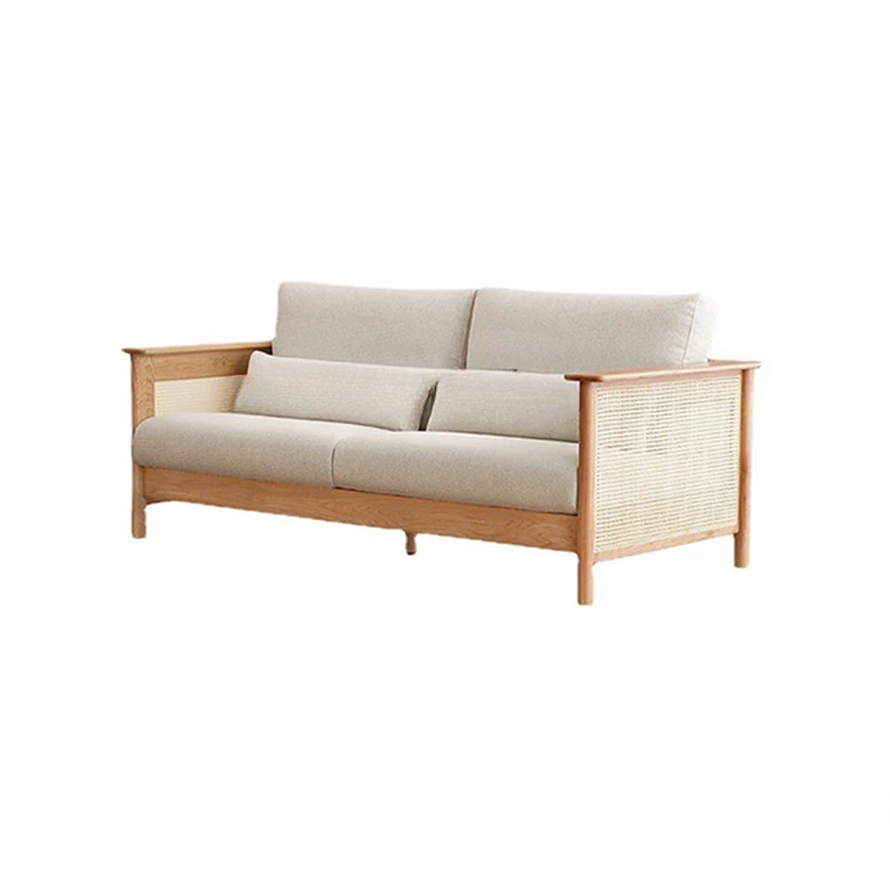 

Japanese-Style Small Apartment Solid Wood Rattan Woven Three-Seat Living Room B & B Nordic Wood Fabric Sofa Combination