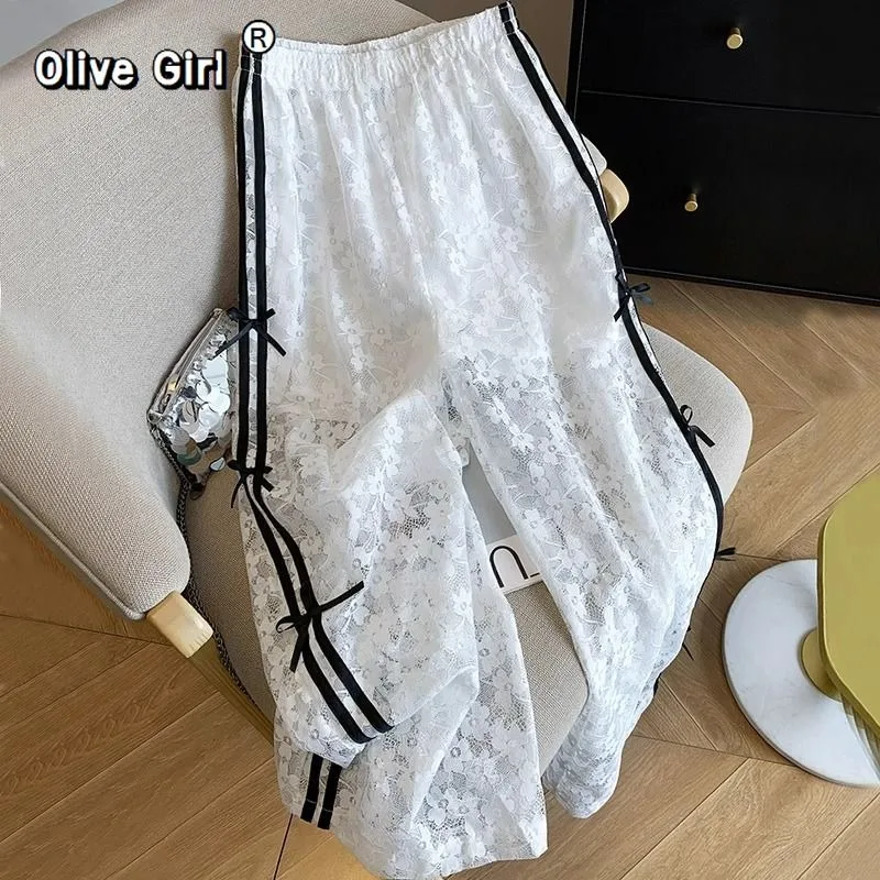 Olivegirl Women's Pants 150kg Contrasting Lace Stitching Hollowed Out Wide Leg Trousers Summer Bow Casual Pants