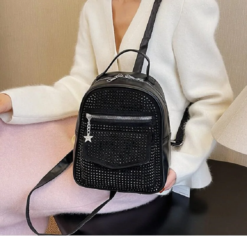 Hot Sale New Fashion Bright Diamonds Leather Backpacks Women Casual Travel Small Backpack Shoulder Bags Crossbody Bag Totes