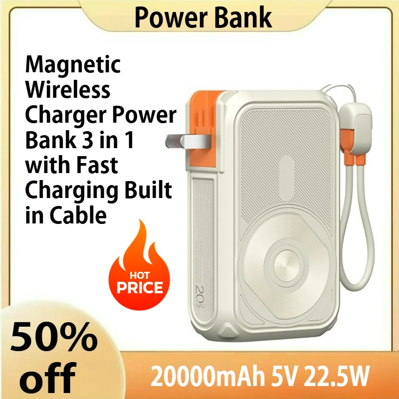 

20000mAh 5V 22.5W Magnetic Wireless Charger Power Bank 3 in 1 with Fast Charging Built in Cable