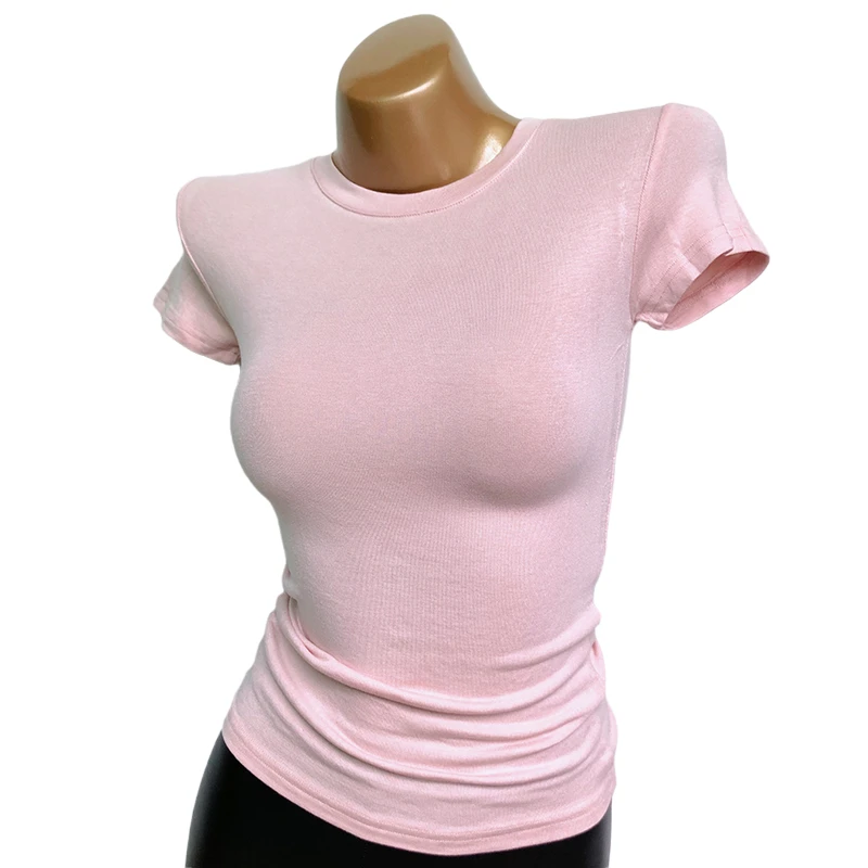 Women's Elastic Sexy Slim T-Shirts, Monochromatic, O-Neck, All Match Female Pulls, Outwear Tops, Summer Tees, Pink, New, 2022