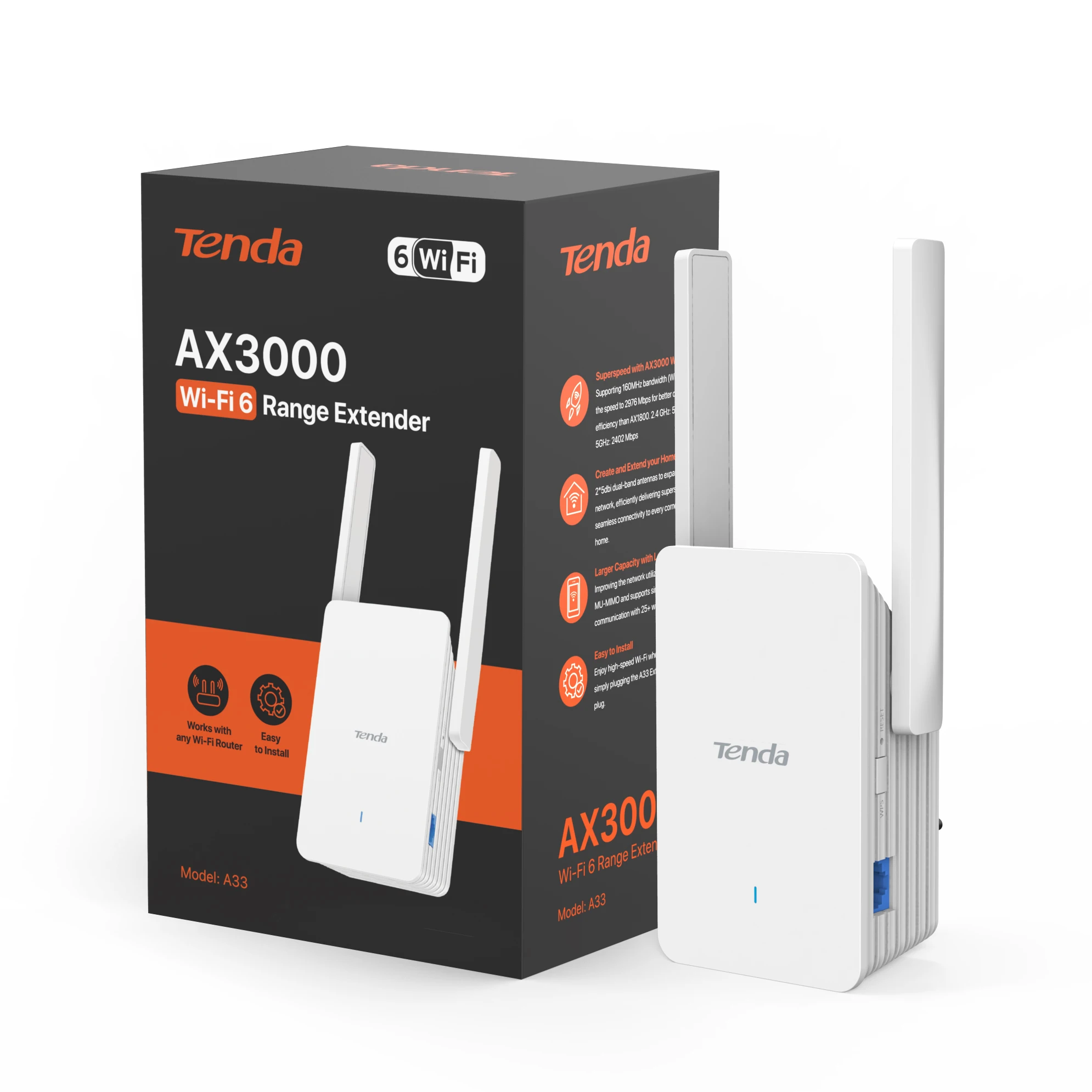 Tenda a33 wi-fi 6 extender ax3000 dual-band 2.4ghz 5ghz wifi signaal versterker gigabit wifi repeater ethernet poort voor thuisinternet