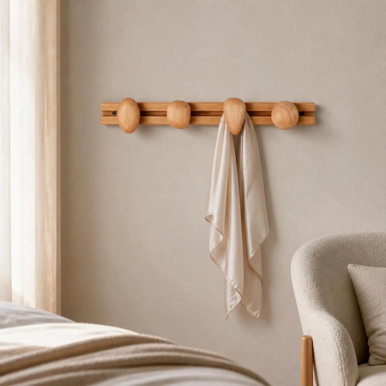 Wooden Hook Rack with Pebble-Shaped Hooks Beech Wood Wall Hook Rack Low-Profile Wall-Mounted Wooden Coat Hanger for Entryway,