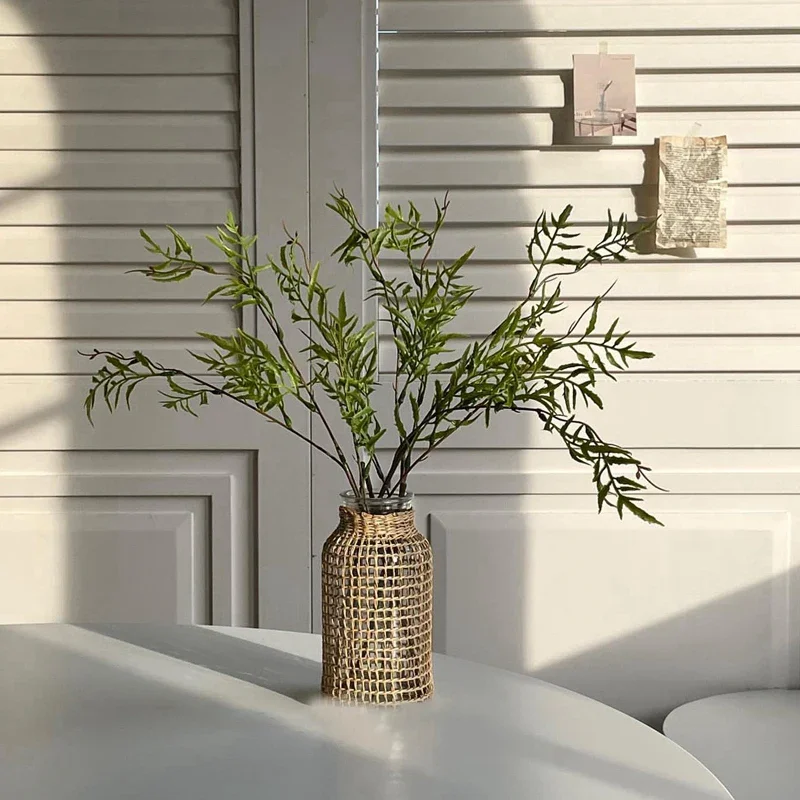 Straw Vase Dried Flower Vasos Decorativos Glass Vase With Straw Home Living Room Tabletop Ornaments