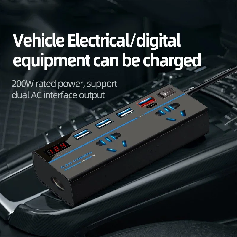 200W Car Power Inverter 12/24V 110/220V Transformer Converter Inversor Power Adapter Type C USB Charger Accessories For Vehicles