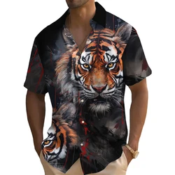 Camisa havaiana com estampa tigre 3D masculina, manga curta, tops grandes, roupa masculina, moda retrô, casual, 2024