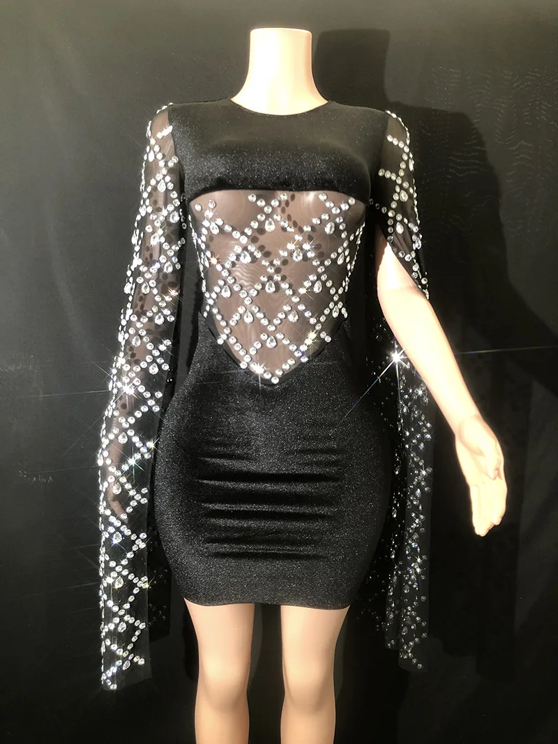 

Sparkly Rhinestones Black Velvet Short Dress Sexy Mesh Transparent Evening Prom Celebrate Birthday Dress Party Outfit Stage Wear