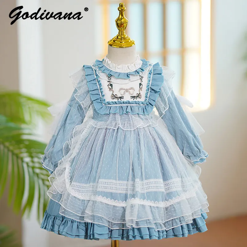 

Sweet Baby Girls Lolita Dress Spring and Autumn 2026 New Fashion Long Sleeve Ruffle Trim Embroidery Birthday Party Mesh Gown