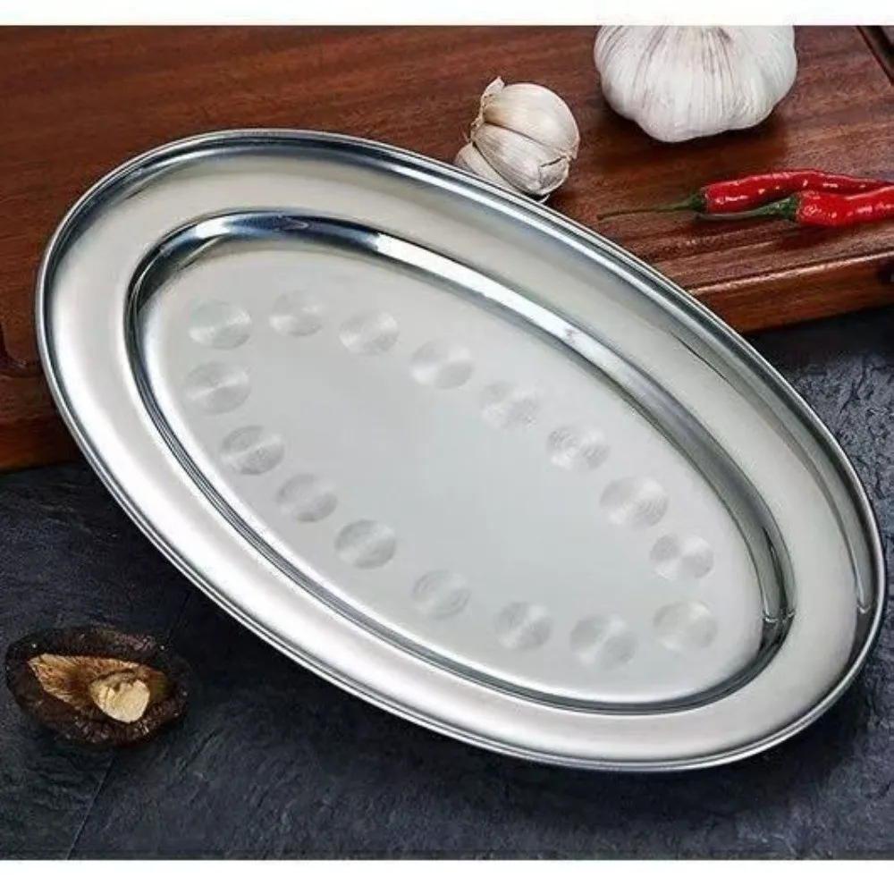 Stainless Steel Oval Fish Plates Shallow Design 22-35cm Diameter Barbecue Trays Oval Shape Multi-Size Cold Food Plates