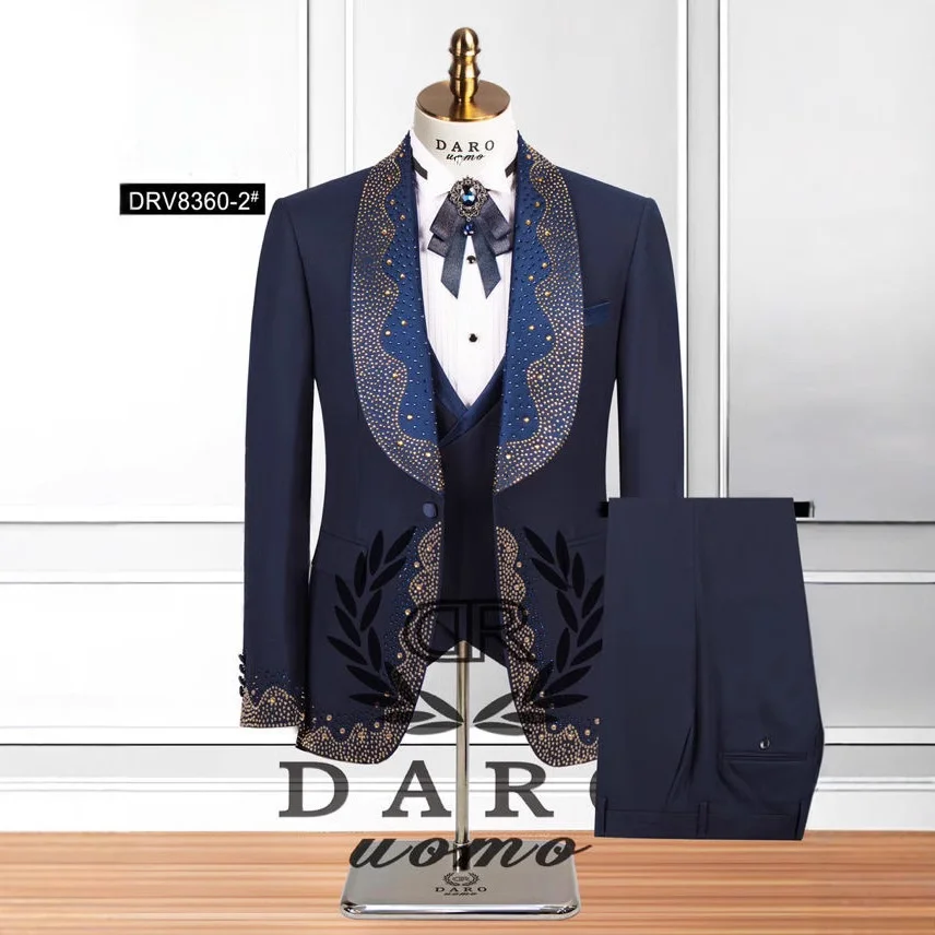 

Мужской свадебный костюм-тройка с воротником с бриллиантовой отделкой, смокинг для выпускного вечера, приталенный, деловой, из смесовой ткани, на все сезоны, для китайских мужчин