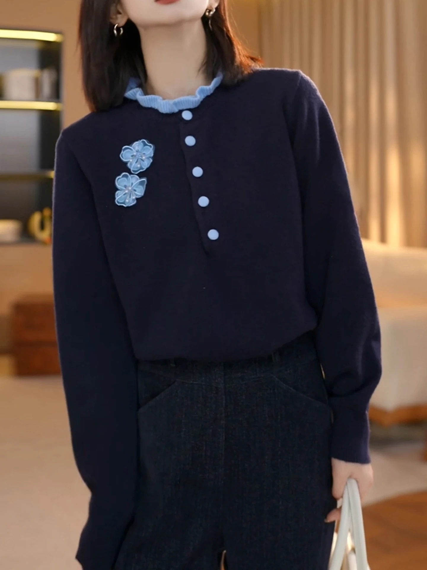 Ele Maglione lavorato a maglia lungo Sve Semplice lusso con bottoni F Design Pendolarismo Sle Top da donna Faionable Autunno Inverno