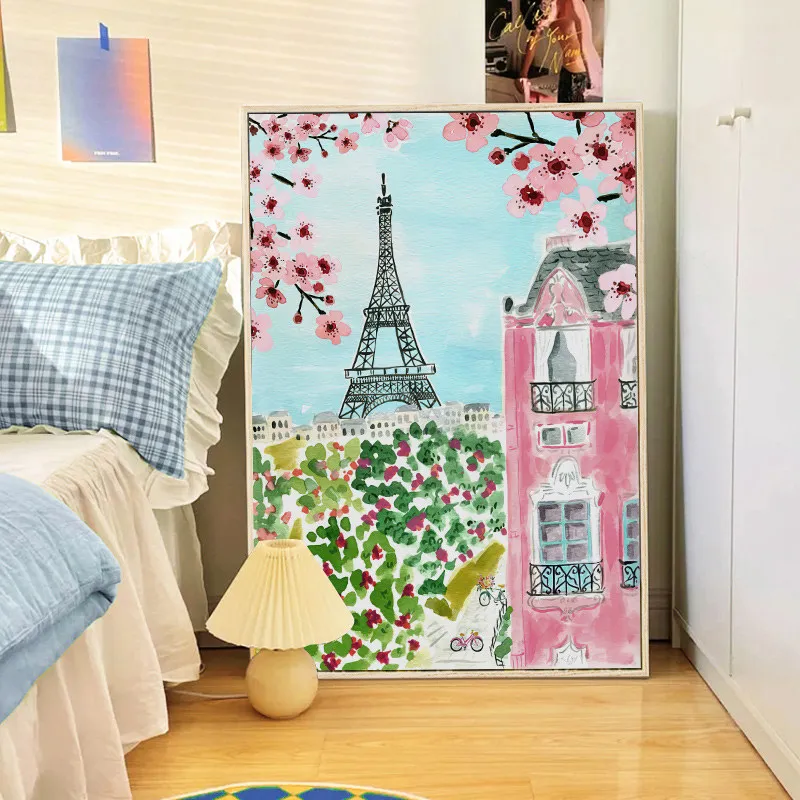 1pc frameless Canvas Painting Watercolor Cityscape Canvas Poster Paris Eiffel Tower Sakura Amsterdam Canal Tulip Painting Nordic
