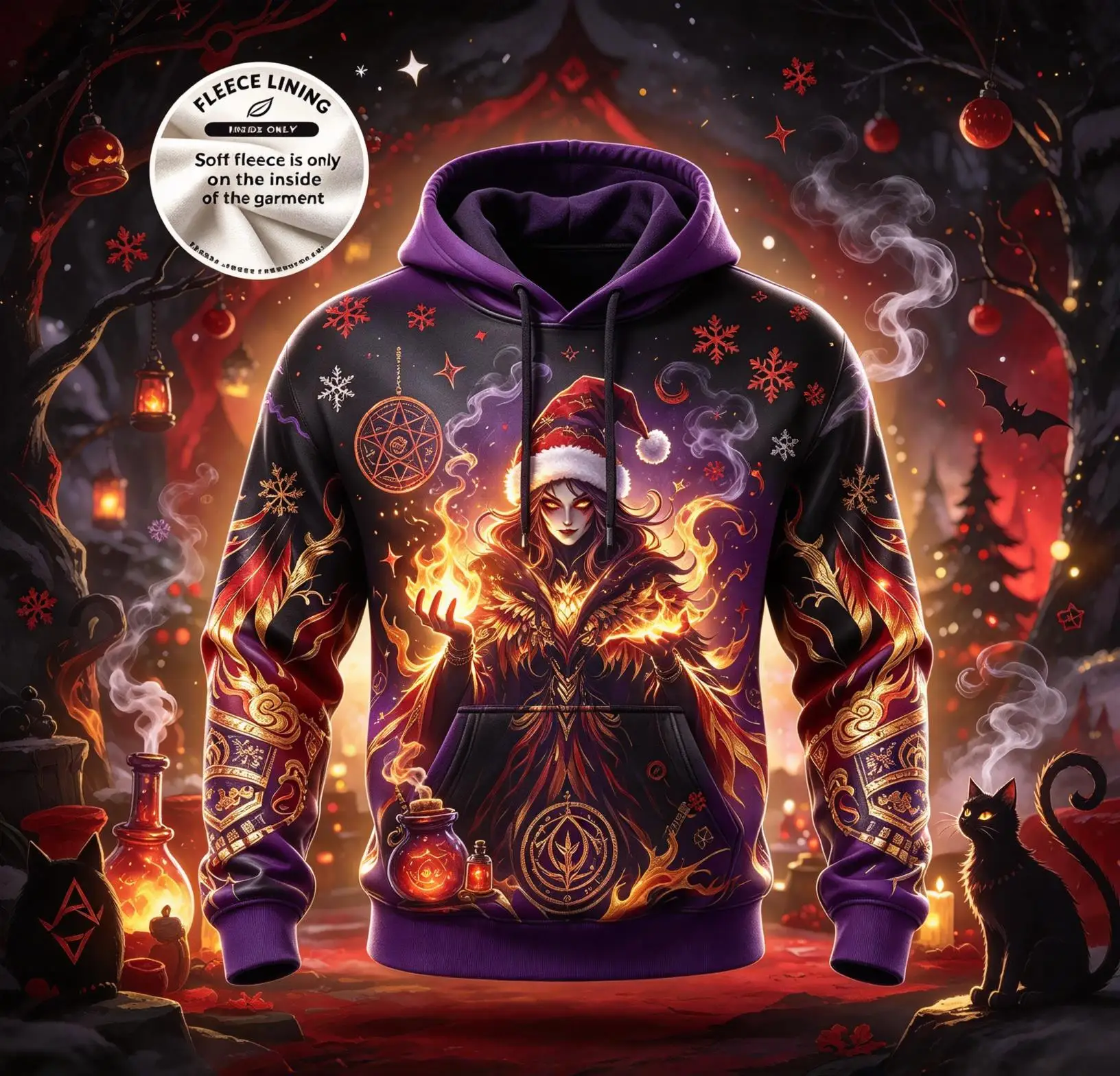 Gothic Christmas Men Hoodie Flame Witch Potion Graphic Print Fleece Lined Warm Long Sleeve Streetwear Pullover