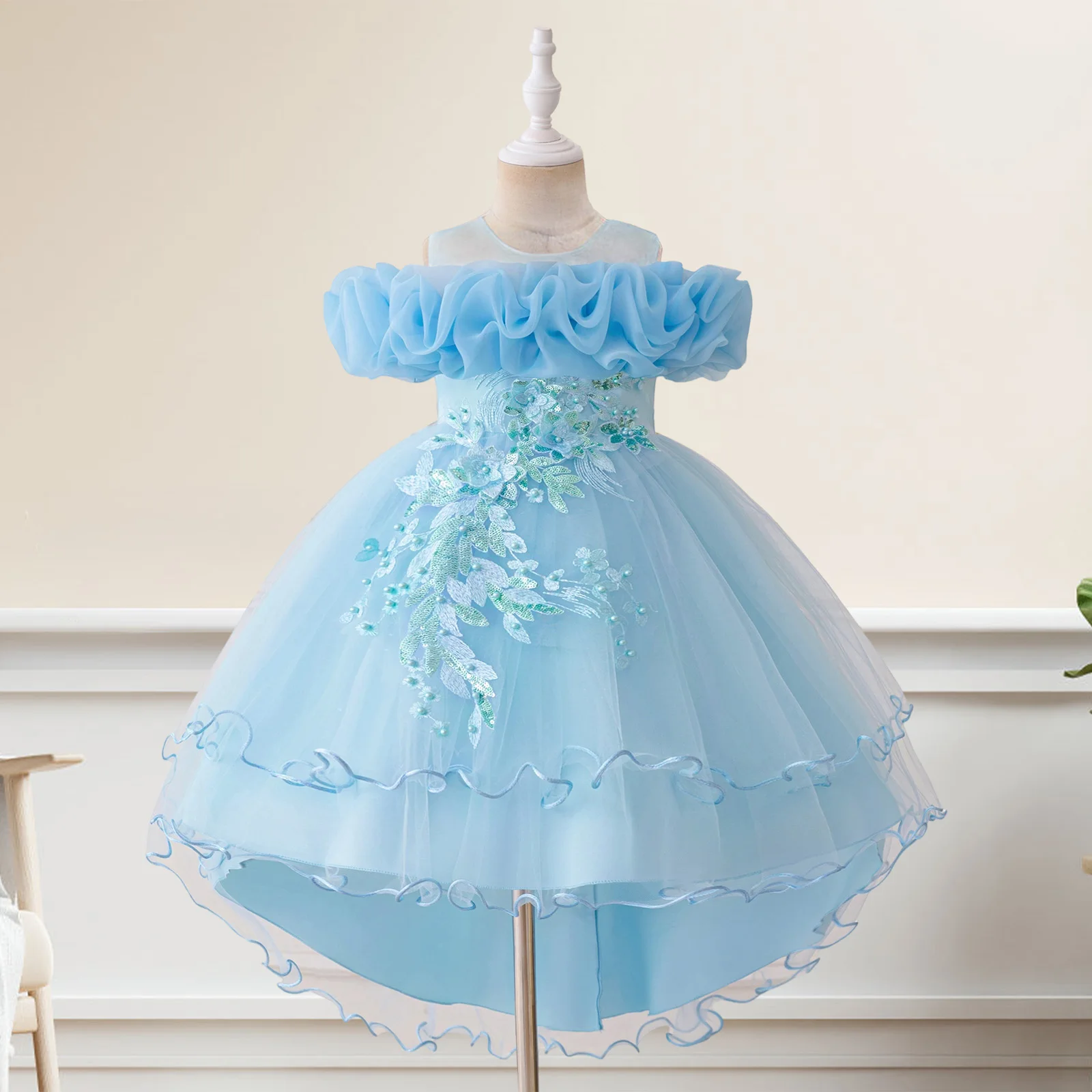 

Детские летние платья для девочек, модное тюлевое платье принцессы без рукавов с цветочным принтом и рюшами для повседневной жизни и вечеринки