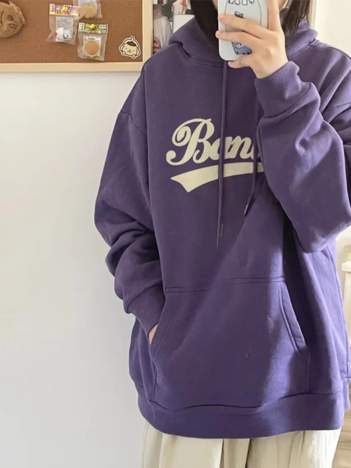 

Женская толстовка оверсайз с флисовой подкладкой, осенне-зимняя, фиолетовая, в американском ретро-стиле, утепленная, с капюшоном, свободного кроя, для повседневной носки