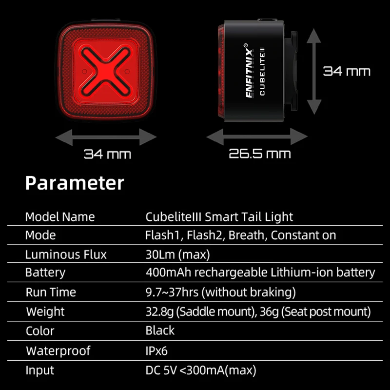 Задний фонарь для велосипеда Enfitnix Cubelite III, задний фонарь для велосипеда с умным датчиком, задний фонарь для горного и дорожного велосипеда,