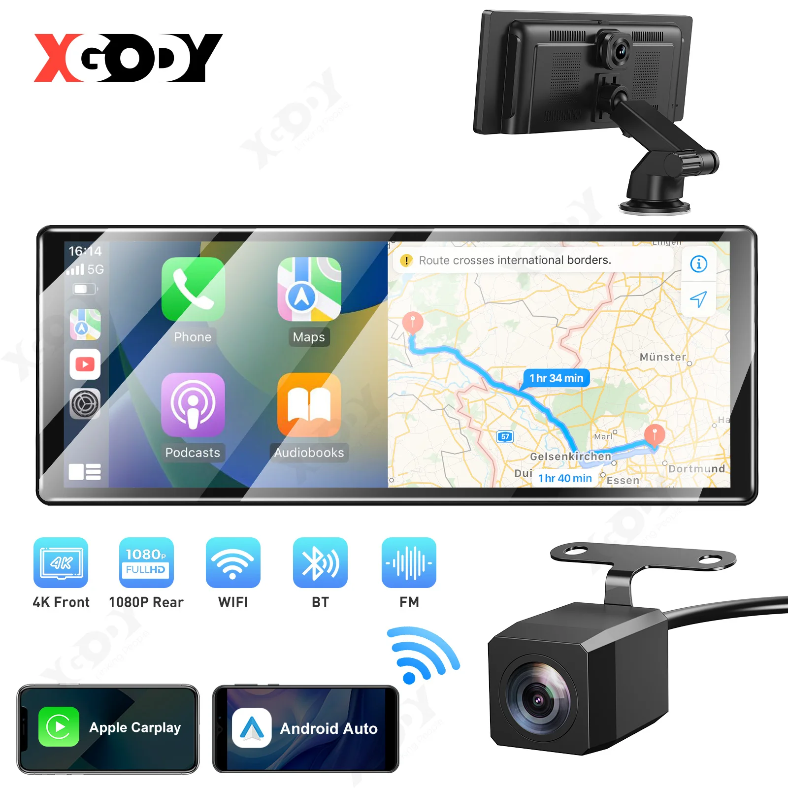 

XGODY 11.3" 4K Dash Cam Wireless Carplay Android Auto Car DVR GPS WiFi Navigation Rearview Camera Dashboard Video